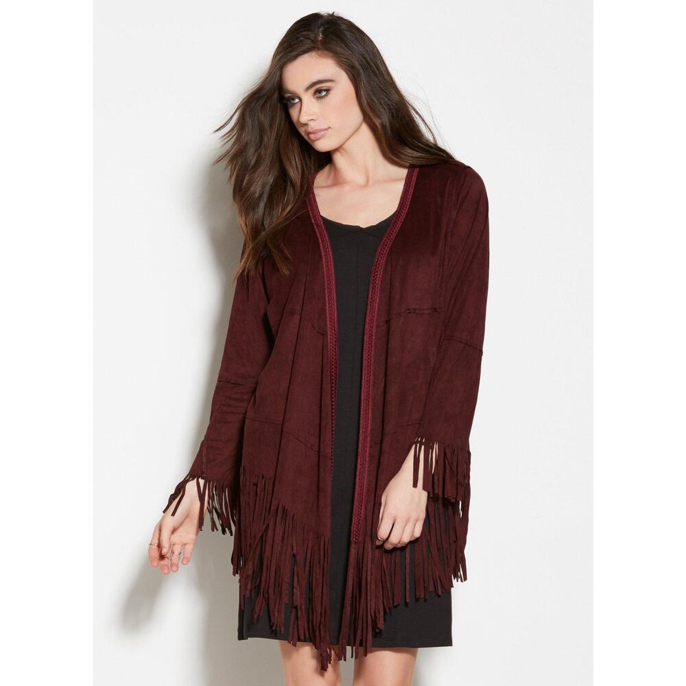 POL M Fringe Burgundy VEGAN Suede Open Duster Long Asymmetrical Festival Vest